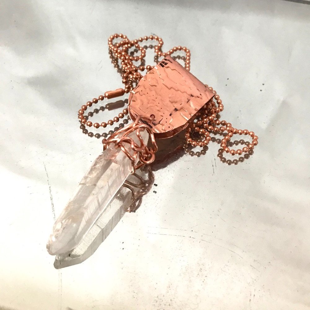 Lemurian Quartz Crystal Copper Choker Pendant Handmade Rustic Wire Wrapped - Picture 15 of 16